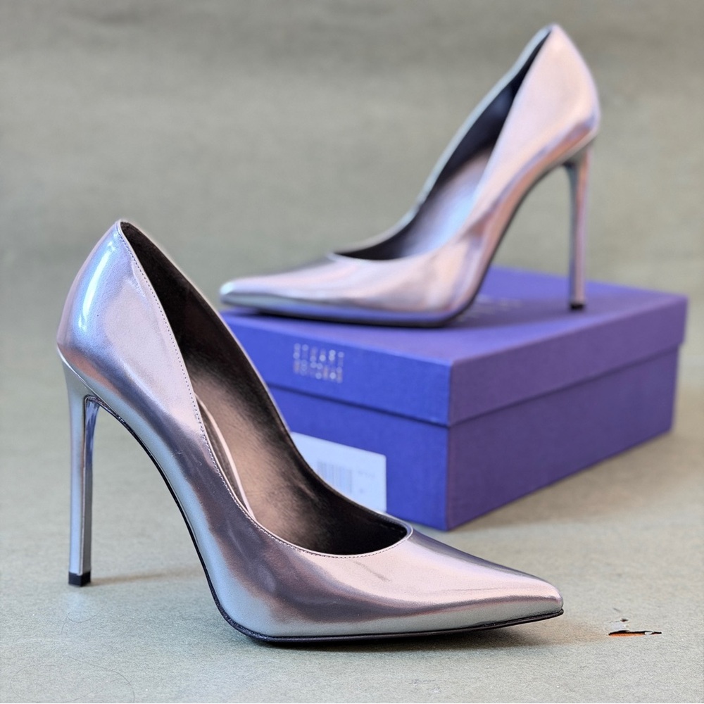 Stuart Weitzman Queen Argento Metal Mirror Silver Metallic Heels 12M